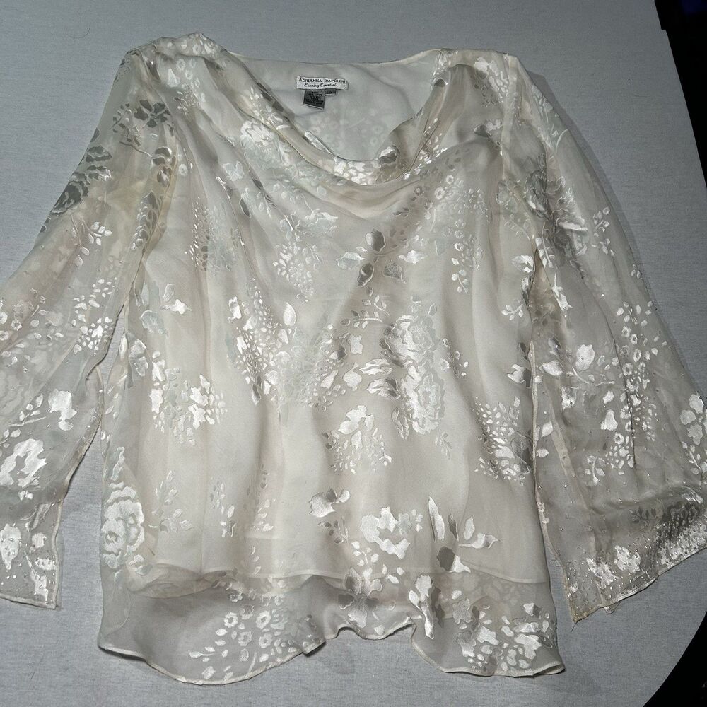Adrianna Papell 1x silk blend blouse sheer, floral burnout fabric, coastal